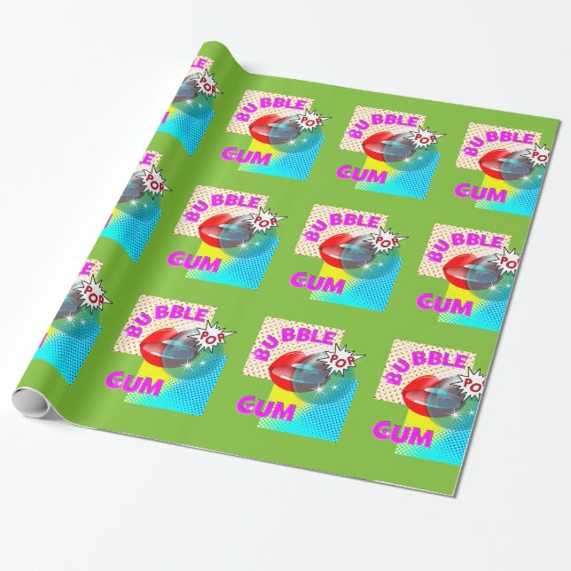 Funky Retro Pop Art Bubble Gum Lips Wrapping Paper (Unrolled)
