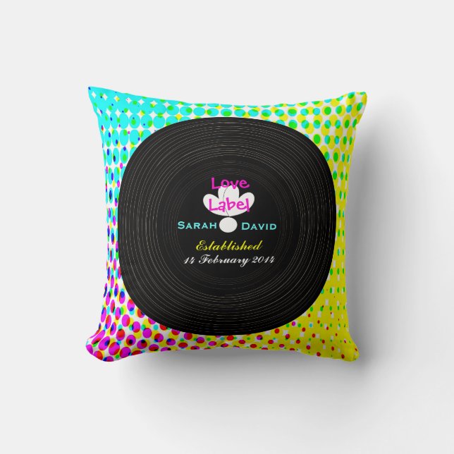 Funky Retro Vinyl Record Theme Wedding Gift Throw Pillow (Front)