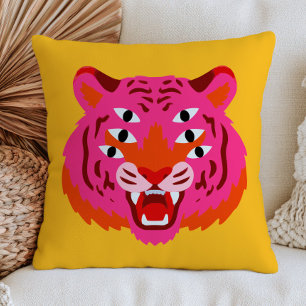 Funky Roaring Tiger Head in Pink Maximalist Yellow Throw Pillow