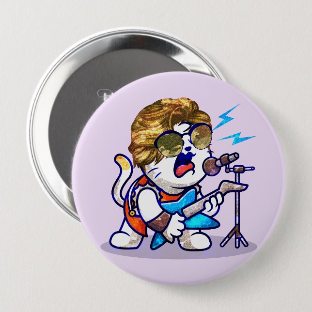 Funky Rockstar Cat – Cool Music Lover Kitty 4 Inch Round Button (Front & Back)