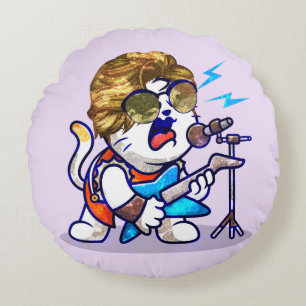 Funky Rockstar Cat – Cool Music Lover Kitty Round Pillow