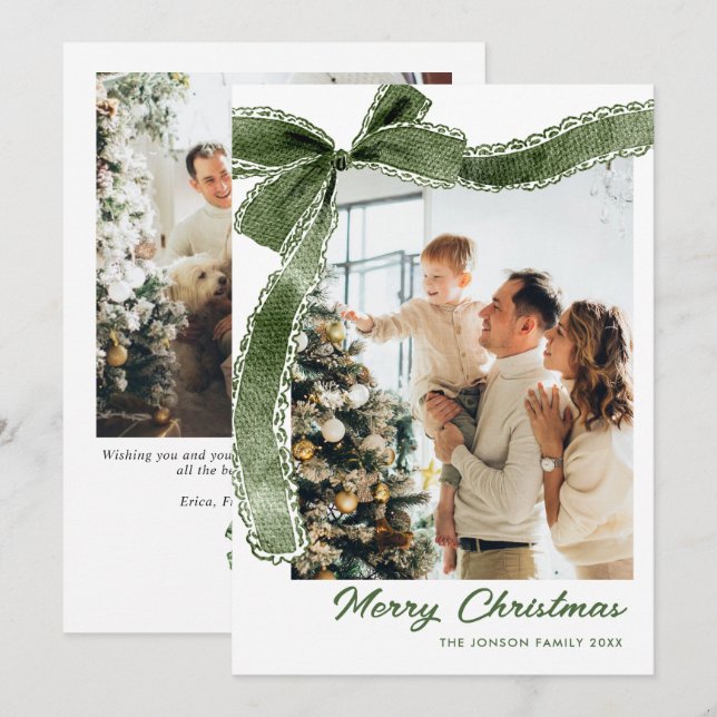 Funky Sage Green Christmas Bow Ribbon 2 Photo Holiday Card (Front/Back)