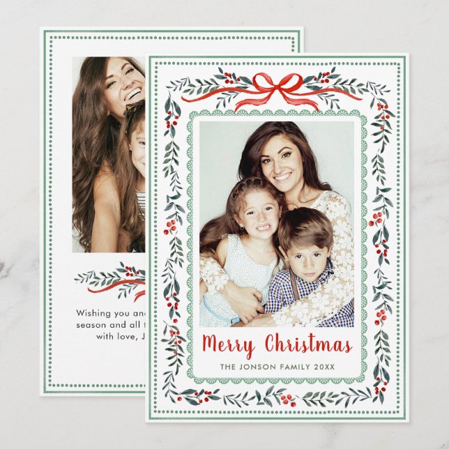 Funky Sage Green Christmas Bow Ribbon 2 Photo Holiday Card (Front/Back)