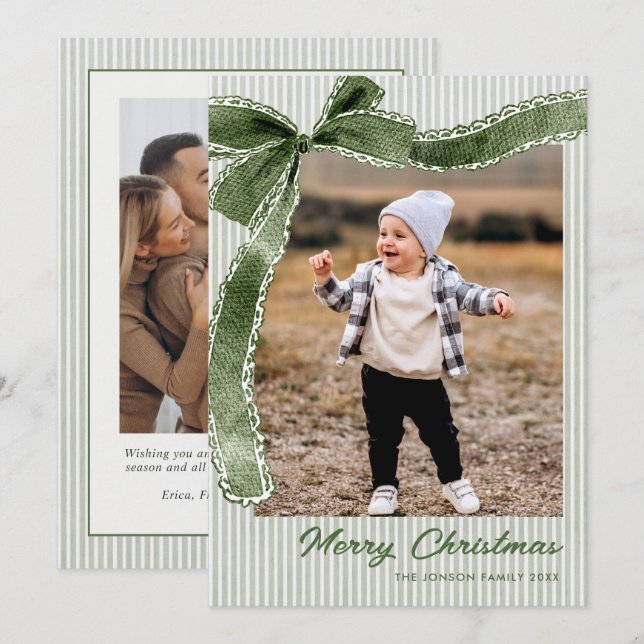 Funky Sage Green Christmas Bow Ribbon 2 Photo Holiday Card (Front/Back)
