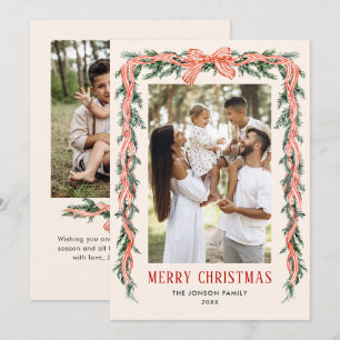 Funky Sage Green Christmas Bow Ribbon 2 Photo Holiday Card