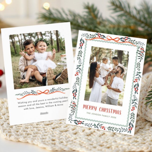 Funky Sage Green Christmas Bow Ribbon 2 Photo Holiday Card (Creator Uploaded)