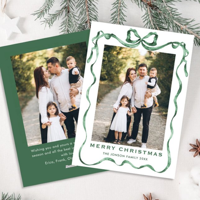 Funky Sage Green Christmas Bow Ribbon 2 Photo Holiday Card (Creator Uploaded)