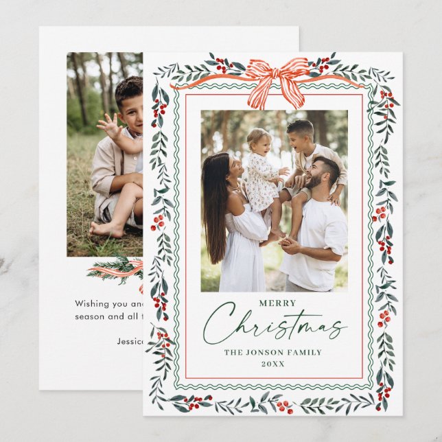 Funky Sage Green Christmas Bow Ribbon 2 Photo Holiday Card (Front/Back)
