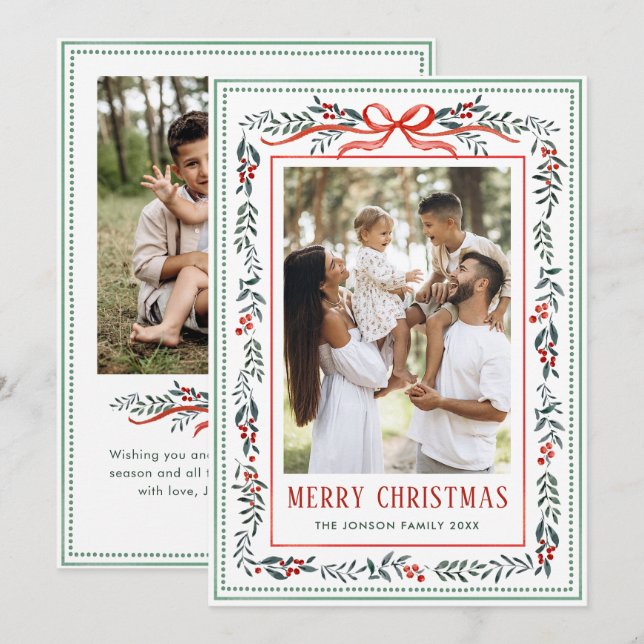 Funky Sage Green Christmas Bow Ribbon 2 Photo Holiday Card (Front/Back)