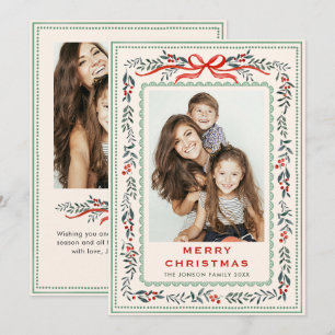 Funky Sage Green Christmas Bow Ribbon 2 Photo Holiday Card