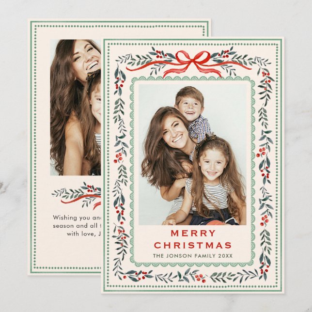 Funky Sage Green Christmas Bow Ribbon 2 Photo Holiday Card (Front/Back)
