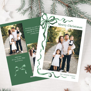 Funky Sage Green Christmas Bow Ribbon 3 Photo Holiday Card