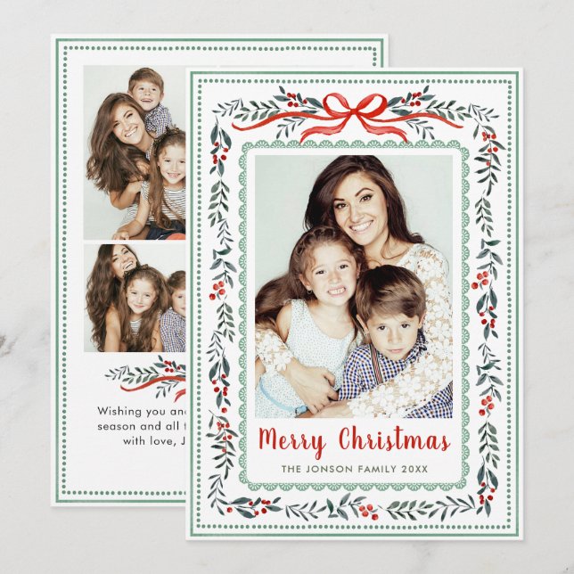 Funky Sage Green Christmas Bow Ribbon 5 Photo Holiday Card (Front/Back)