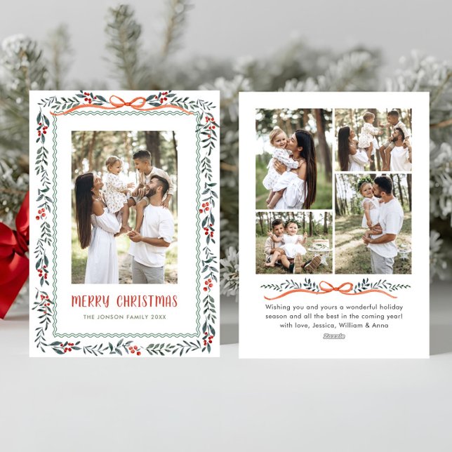 Funky Sage Green Christmas Bow Ribbon 5 Photo Holiday Card (Creator Uploaded)