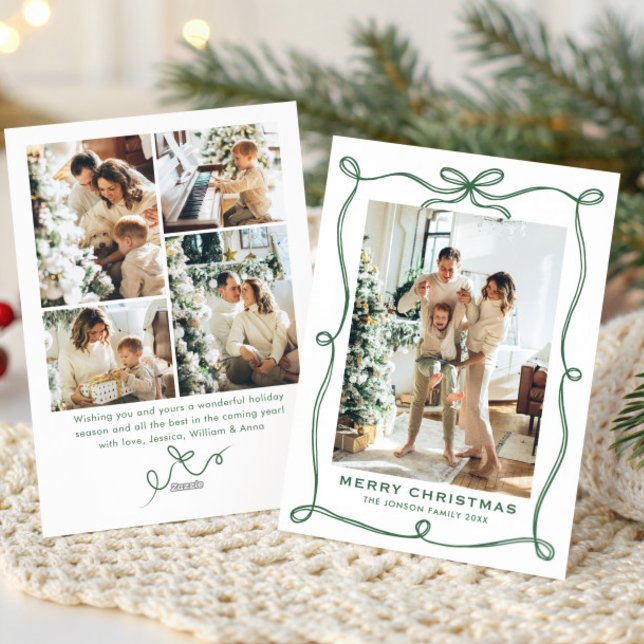 Funky Sage Green Christmas Bow Ribbon 5 Photo Holiday Card (Creator Uploaded)