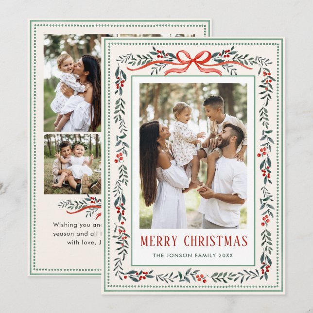 Funky Sage Green Christmas Bow Ribbon 5 Photo Holiday Card (Front/Back)