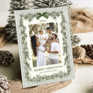 Funky Sage Green Pine Bow Frame Christmas 2 Photo Holiday Card