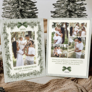 Funky Sage Green Pine Bow Frame Christmas 5 Photo Holiday Card