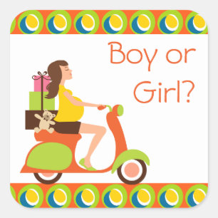 Funky Scooter Mom To Be Gender Reveal Party Square Sticker