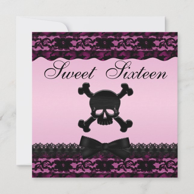 Funky Skull Black Printed Lace Pink Sweet 16 Invitation (Front)