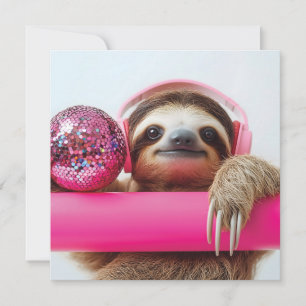 Funky Sloth with Pink Headphones and Disco Ball Holiday Card