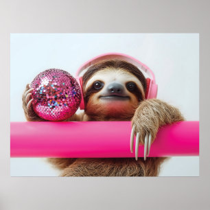 Funky Sloth with Pink Headphones and Disco Ball Poster