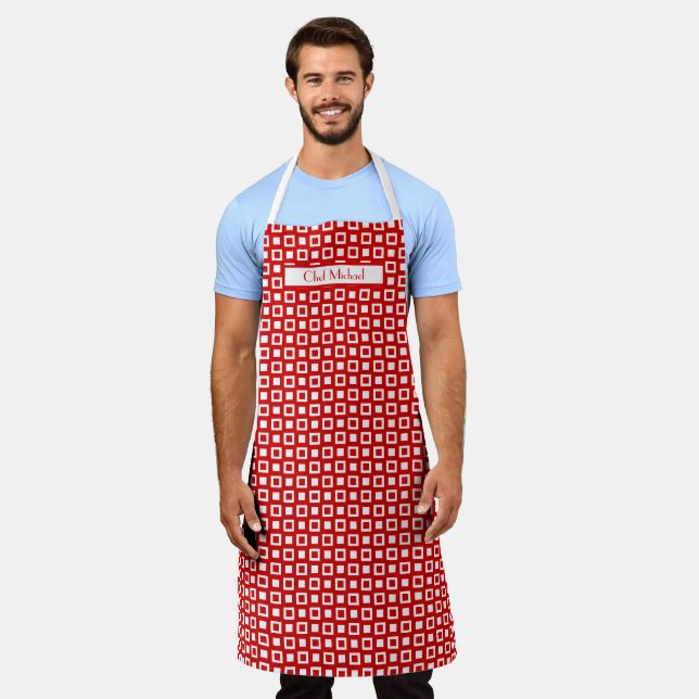 Funky Squares Pattern DIY Colours Red White SV Apron (Worn)