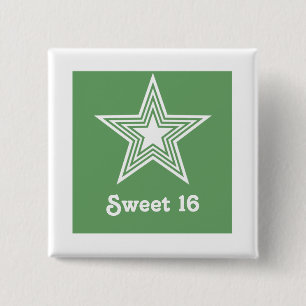 Funky Star Sweet 16 Button, Kelly Green 2 Inch Square Button