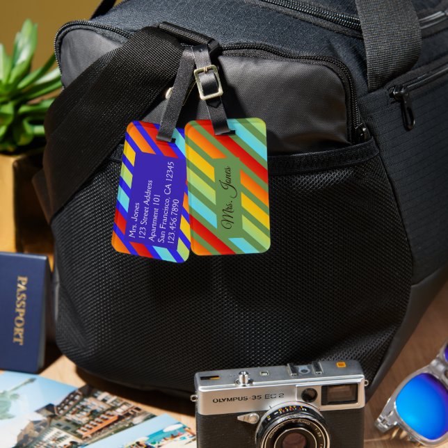 Funky Striped Rainbow Pattern Luggage Tag (Front & Back)