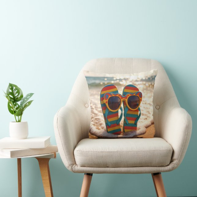 Funky Sunglasses On Flip-flops In Ocean Surf  Throw Pillow (Chair)