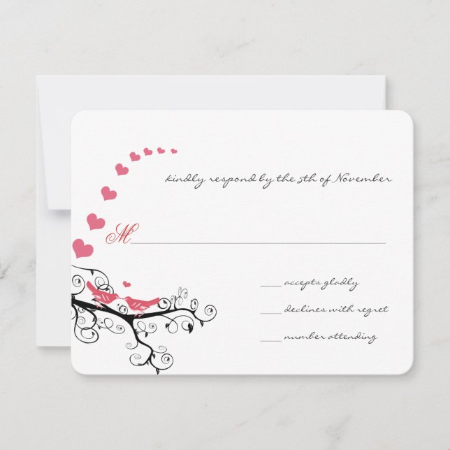 Funky Swirly Pink Love Bird Tree Wedding RSVP Card (Front)