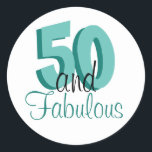 Funky Teal 50 and Fabulous Birthday Classic Round Sticker<br><div class="desc">A funky design for your 50th birthday party celebrations! 50 and Fabulous is in cool shades of teal in a fun typography which you can personalise if required, and also change the colours if you so wish via the click to customize further option. Other sticker shapes are available too. The...</div>