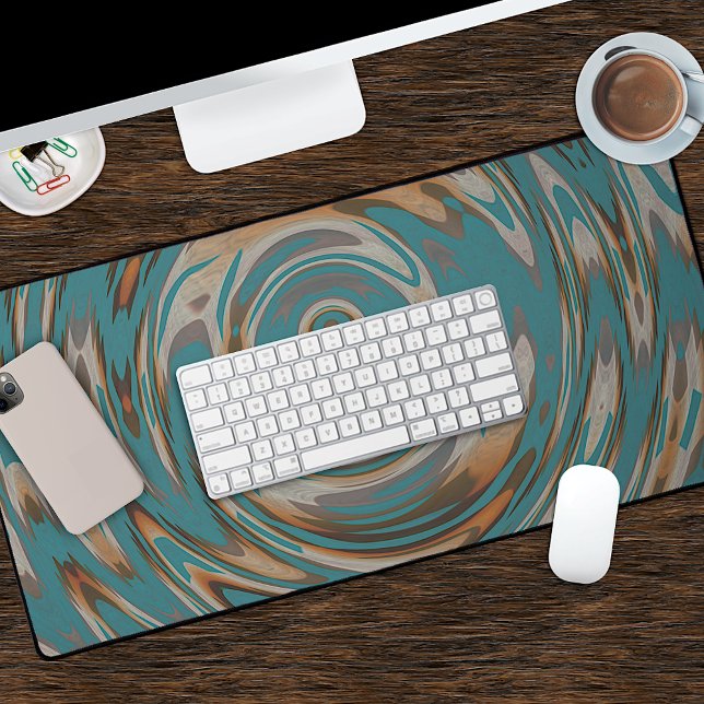 Funky Teal Blue Green Rust Orange Spiral Pattern Desk Mat (Creator Uploaded)