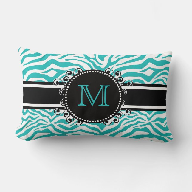 Funky Teen or Tween BLUE Zebra Print with Monogram Lumbar Pillow (Front)