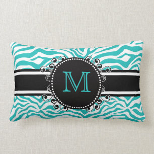 Funky Teen or Tween BLUE Zebra Print with Monogram Lumbar Pillow