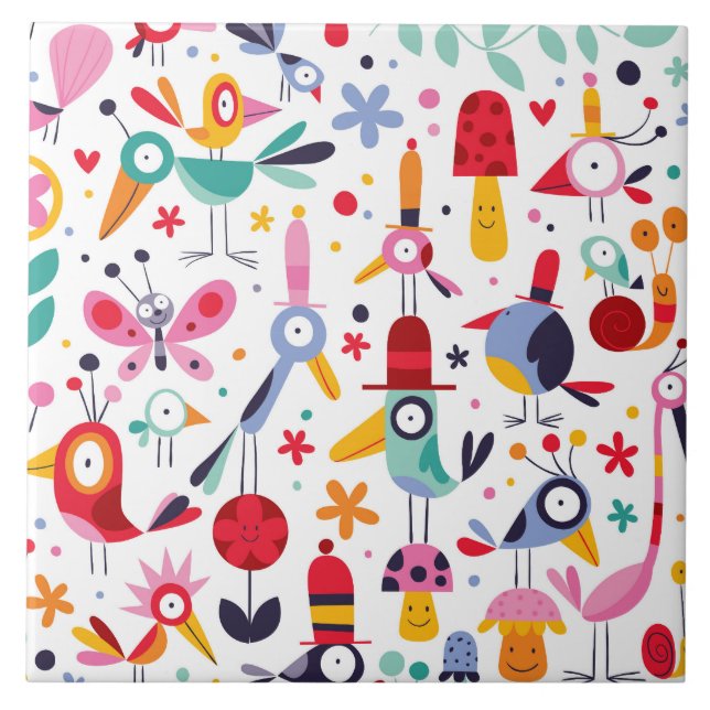 Funky Trendy Retro Birds Tile (Front)