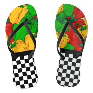 Funky Tri Coloured Peppers and Chequerboard   Flip Flops