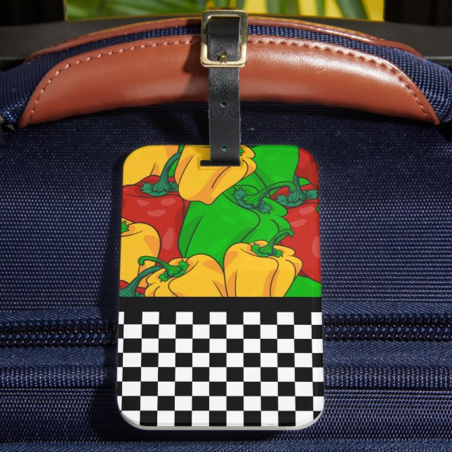Funky Tri Coloured Peppers and Chequerboard  Luggage Tag (Front Insitu 2)