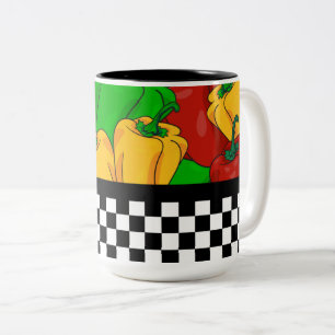 Funky Tri Coloured Peppers and Chequerboard  Two-Tone Coffee Mug