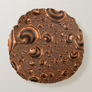 Funky Trippy Spiralling Orange Black Fractal Art Round Pillow