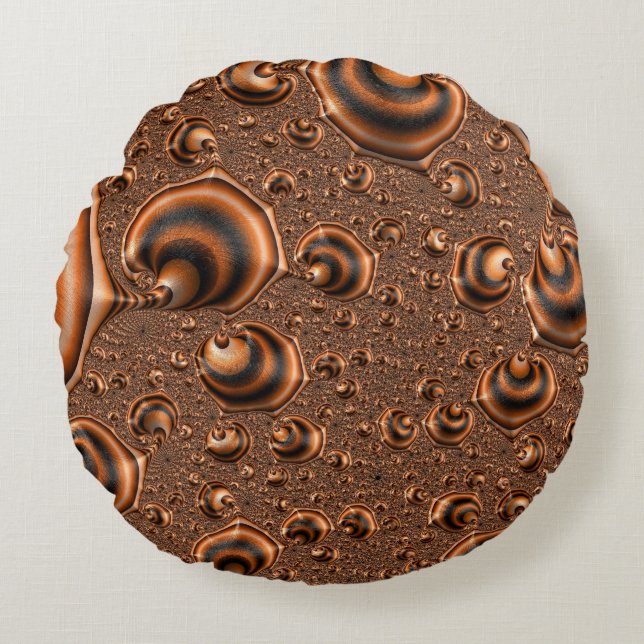Funky Trippy Spiralling Orange Black Fractal Art Round Pillow (Front)
