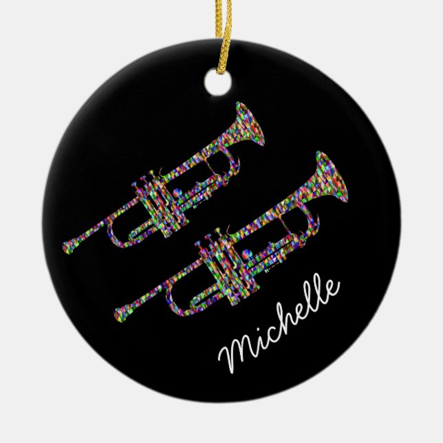 Funky trumpet personal name black and pink ceramic ornament (Front)