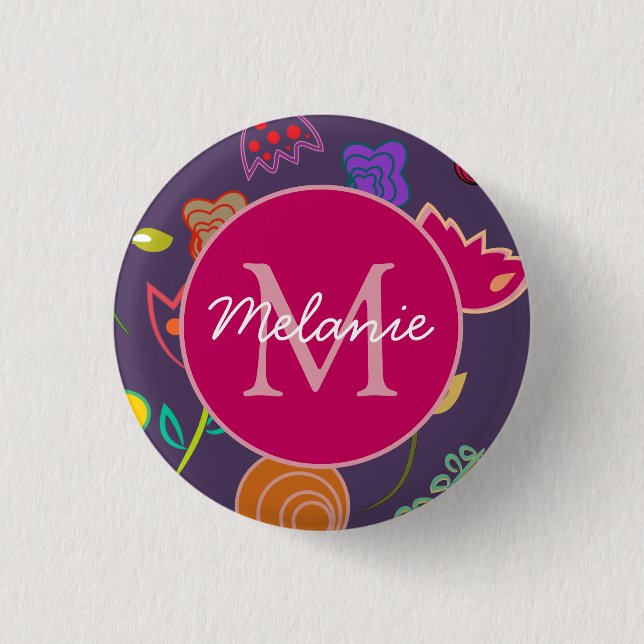 Funky Tulip Pattern Purple Monogram Personalised 1 Inch Round Button (Front)