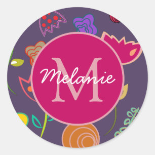 Funky Tulip Pattern Purple Monogram Personalised Classic Round Sticker
