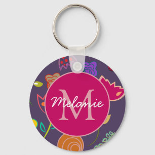 Funky Tulip Pattern Purple Monogram Personalised Keychain