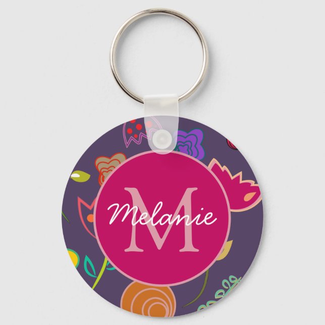 Funky Tulip Pattern Purple Monogram Personalised Keychain (Front)