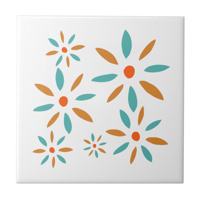 Funky Turquoise And Orange Mid Mod Retro Flowers Tile (Front)