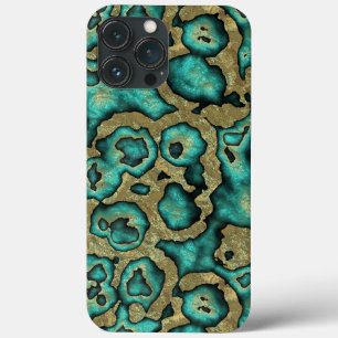 Funky Turquoise Green Faux Gold Swirls Art Pattern iPhone 13 Pro Max Case
