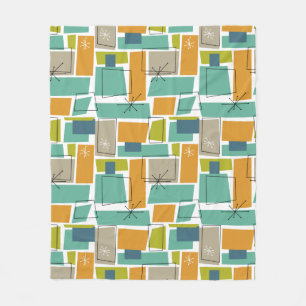 Funky Turquoise Orange Green Squares Mid Century Fleece Blanket