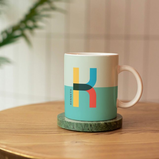 Funky Unique Letter K Personalized Coffee Mug (Unique Letter K on a teal background of Mug with personalized name)